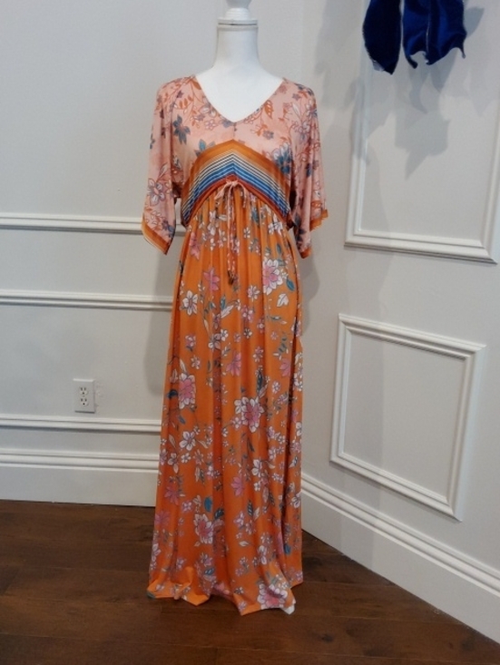 ONE WORLD Dresses & Skirts - ONE WORLD Peach Floral Boho Maxi Dress with Teal and Purple Accents